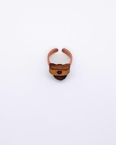 One of a kind, copper ring size 7, with aromatic palo santo wood and centred amethyst stone bead