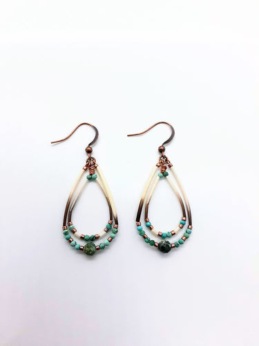 Iranian turquoise stone beads, double strand porcupine quills on copper wire with hypoallergenic hook earrings.