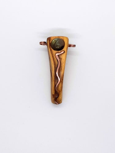 One of a kind aromatic palo santo wood 5.5cm in height and 3cm wide, made with Canadian labradorite stone and copper spiral representing a ripple