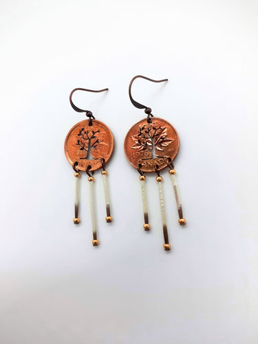 Tree of Life design, cut inside a Canadian copper penny with 3 strand porcupine quills and 24 karat gold plated beads. Hypoallergenic earring hooks.