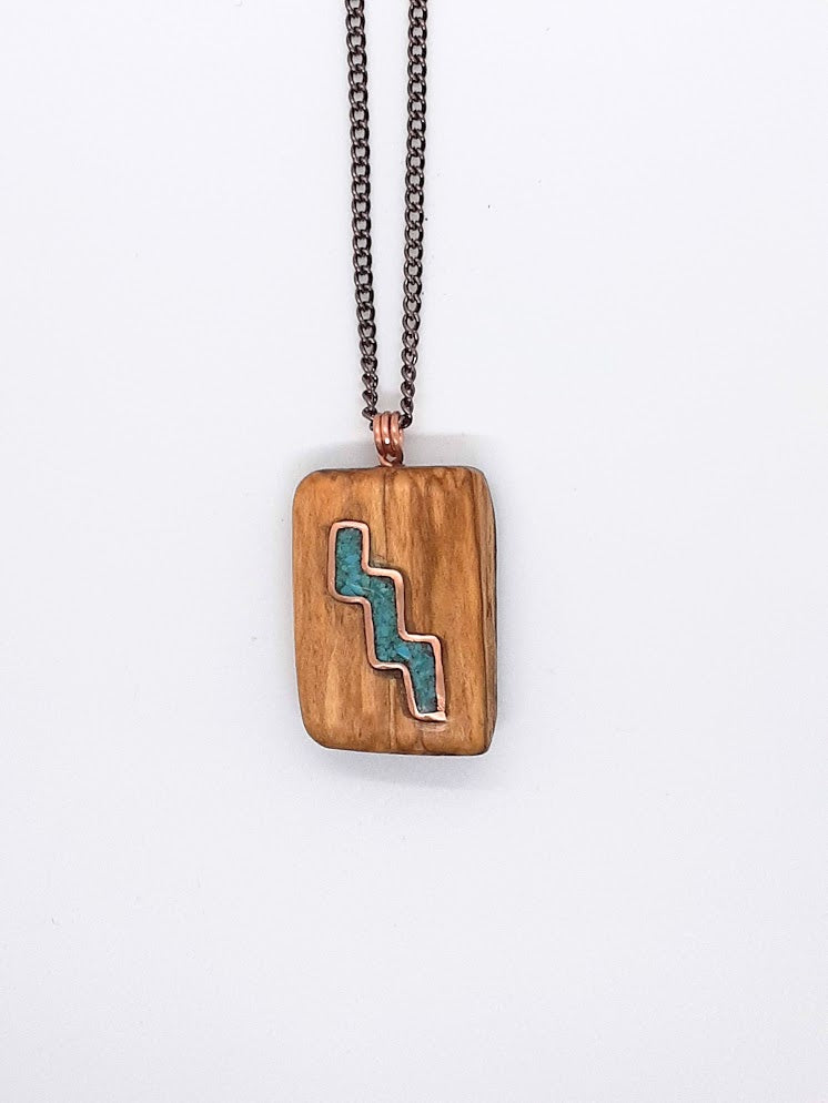 Aromatic palo santo necklace with copper wire inlay and sleeping beauty turquoise resin